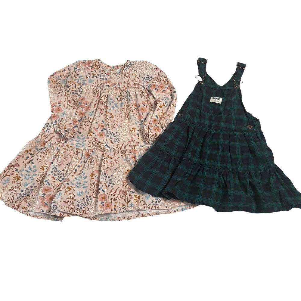 Lot of 2 Toddler Girls 100%  Cotton Dresses 5T OshKosh Overall Gerber Dress
